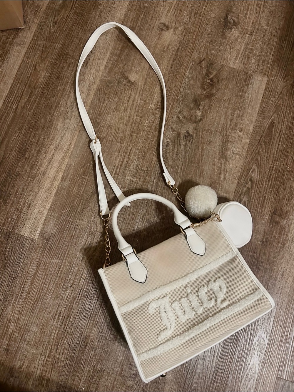 Juicy Couture White Quilted Mesh Tote Crossbody Bag with Puff Charm